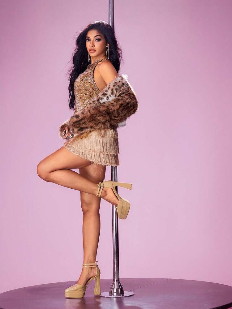 CUCCOO LuxiPop Pointed Toe Chunky Heel Strap Champagne High Platform Women's High Heel Pumps, Elegant For Wedding, Outings, Halloween, Christmas Party, Autumn