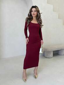 Jemour Autumn Wear Solid Color Square Neck Tight Black Long-Sleeved Dress