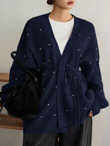 Dazy-Less Cárdigan de punto holgado de negocios casuales para mujer con cintura con cordón, elegante para ir al trabajo, salidas, bodas y fiestas, otoño/invierno - Azul Marino - Ver 2
