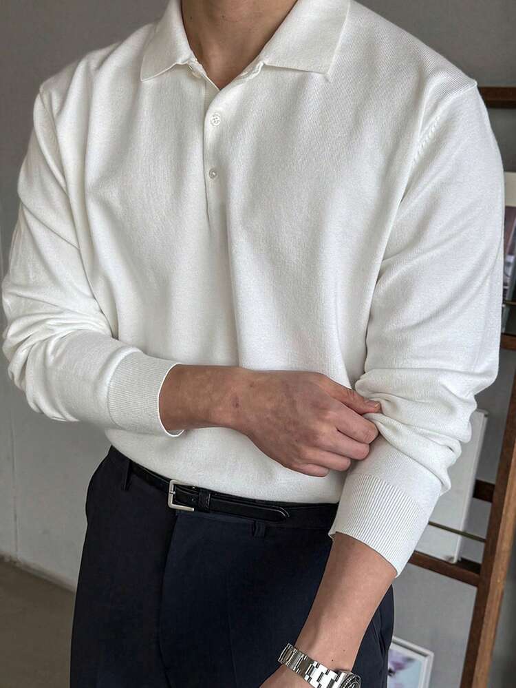 Men's Solid Color Polo Neck Knit Sweater, Autumn