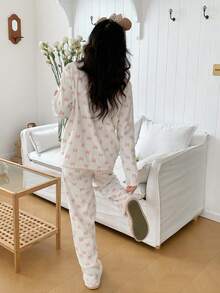 Teen Girl Flannel Bow Print Lapel Collar Long Sleeve Pants Loungewear Set - Multicolor - View 2