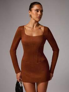 Avenya Coffee Brown Suede Long Sleeve Square Neck Dress,Autumn Elegant Date Night Cinched Waist Mini Bodycon Dress,Y2k Outfits,Office Siren - Brown - View 4