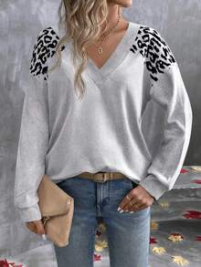 EMERY ROSE Maglietta a maniche lunghe con scollo a V e stampa leopardata a strati, molto venduta, adatta per autunno/inverno - Multicolore - Visualizzare 3