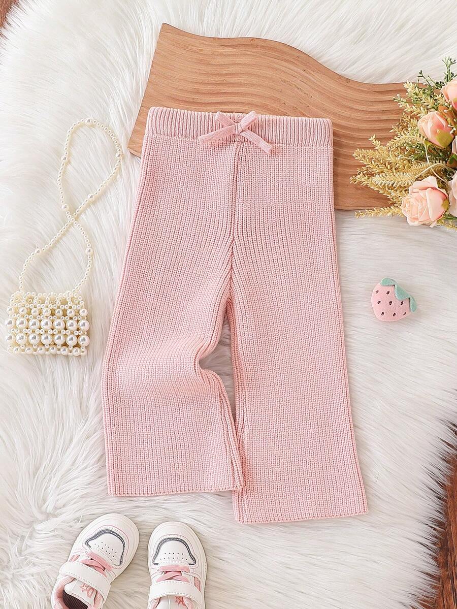 SHEIN Vintaside Kids 女婴针织喇叭裤，舒适休闲长裤，适合秋冬季节，粉色长款喇叭裤型，时尚百搭，适合日常、居家、户外和旅行穿着。