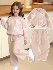 Elladie kids 两件套女童浅杏色蝴蝶结卫衣上衣和裤子套装，秋冬季，儿童时尚卡通可爱女童服装 - 卡其色 - 查看 1