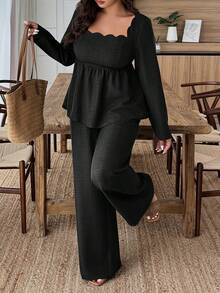 Weeklong 2pcs Set Square Neck Scalloped Hem Faux Linen Pants Suit - Black - View 3