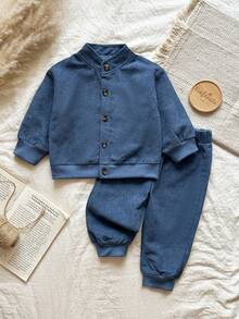 Vintaside Kids Baby Jungen Säugling/Kleinkind Jungen Herbst/Winter Stehkragen Langarm modisches hochwertiges Hemd kombiniert mit vielseitigen Freizeithosen Set, geeignet für Zuhause Lässig, leichte Outdoor-Aktivitäten, Familienfeiern - Blau - Übersicht 8
