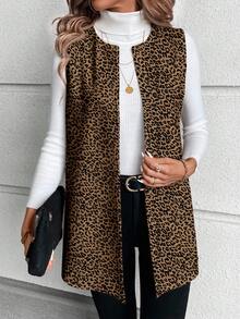 SHEIN LUNE 休闲优雅豹纹针织女式常规外套，适合秋冬季节，休闲百搭 - 彩色 - 查看 3