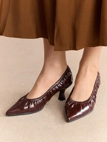 Rosivie Women's Pointed Toe Ruched Kitten Heel Flats, Elegant & Comfortable French Style Slip-On Shoes, Suitable For All Seasons - Coffee Brown - View 3