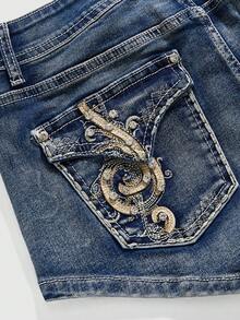 ROMWE Avant Quần short denim cạp trễ gợi cảm họa tiết nốt nhạc Baddie Vantage Y2K dành cho nữ - Màu xanh lam - Xem 4