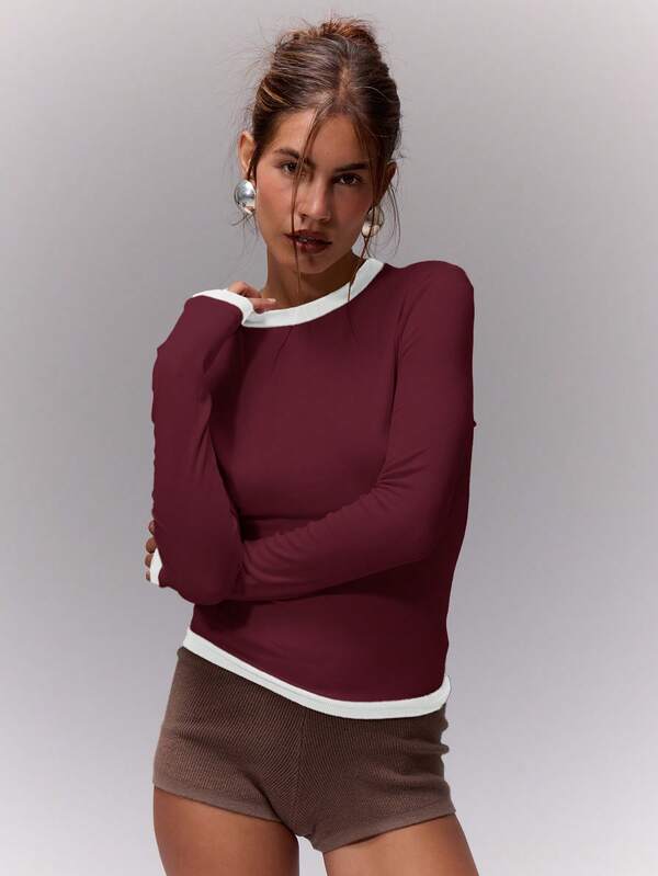 MUSERA Contrast Trim Fitted Long Sleeve Top Casual Vacation Airport Holiday Cute Winter Elegant . Holidays Cosy Spring Summer