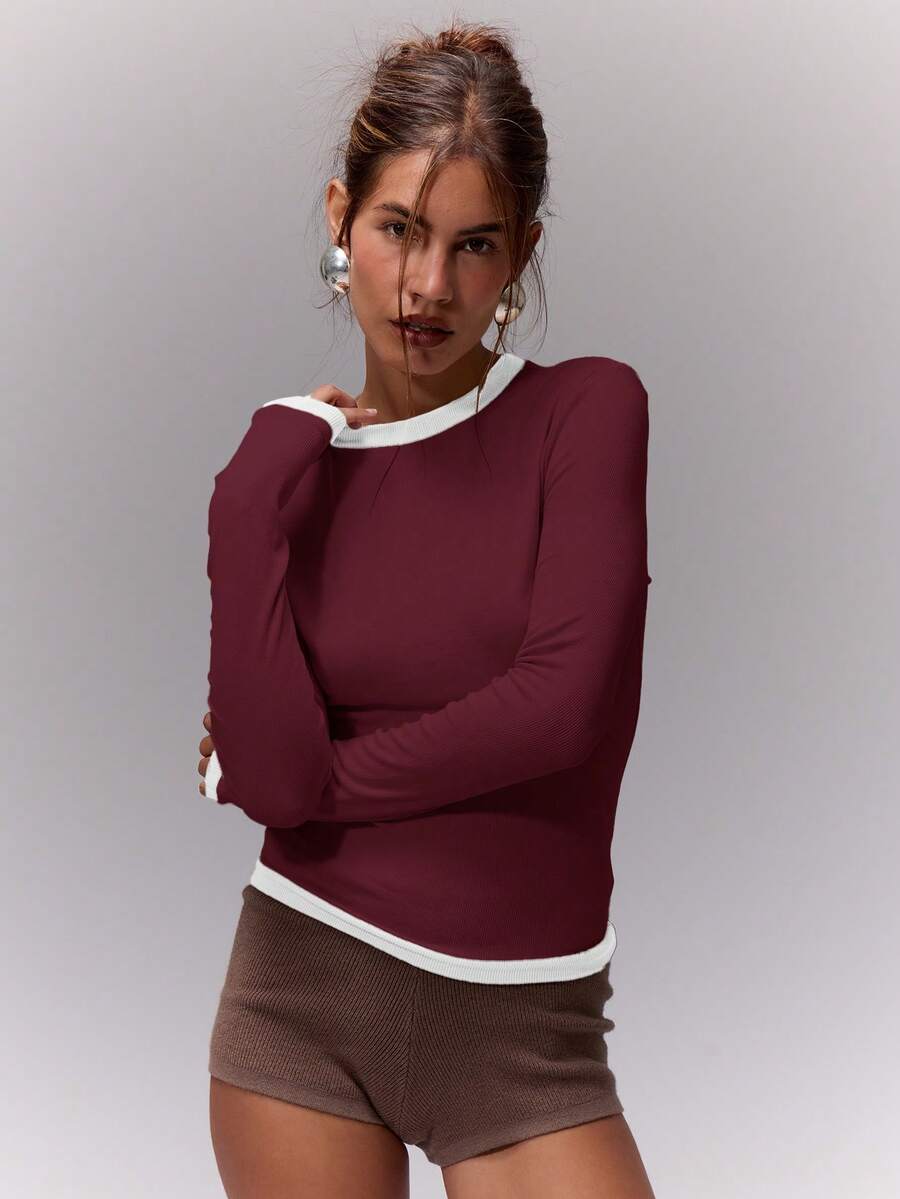 MUSERA 撞色滚边修身长袖上衣，休闲度假机场休闲可爱优雅。春夏舒适假日之选。 - 酒紅色 - 查看 1