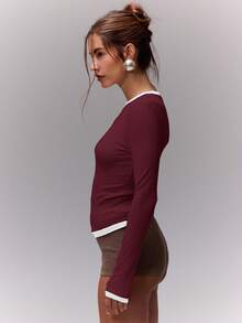 MUSERA 撞色滚边修身长袖上衣，休闲度假机场休闲可爱优雅。春夏舒适假日之选。 - 酒紅色 - 查看 3