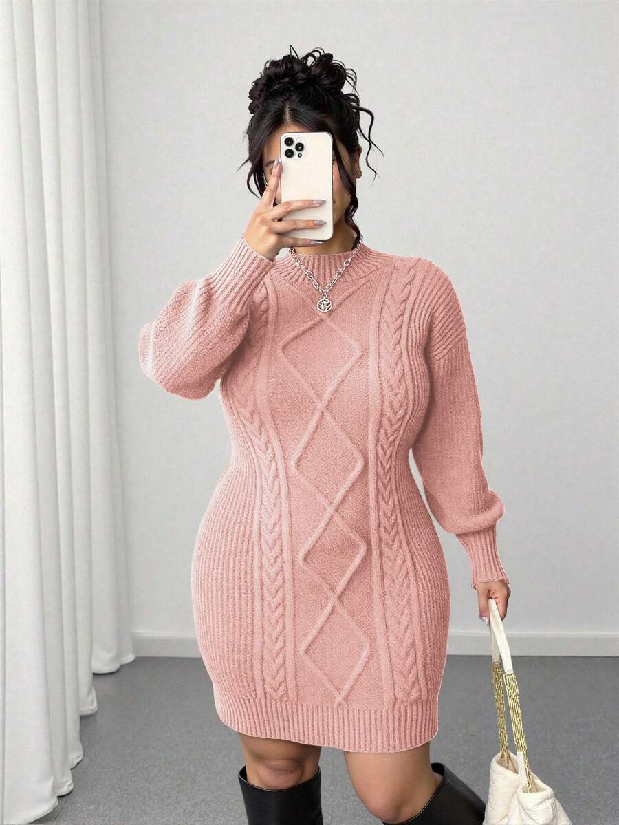 Elenzga Plus Size Solid Color Fitted Knit Dress, Casual For Autumn/Winter - Coral Pink - View 1