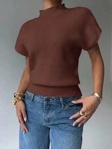 Aloruh Women's Solid Color Mandarin Collar Batwing Short Sleeve Casual Knit Top, Autumn/Winter - Brown - View 4