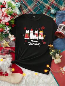 SHEIN Essnce Áo thun nữ cổ tròn tay ngắn dáng rộng in hình mèo dễ thương Giáng sinh, màu đen - màu đen - Xem 3