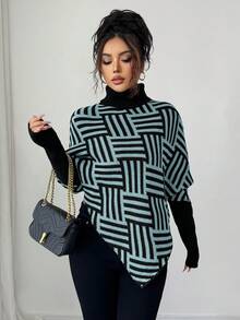Selianne Women's Elegant High Neck Geometric Textured Poncho Sweater, Colorblock, Suitable For Home & Travel, Spring/Autumn - Baby Blue - View 4