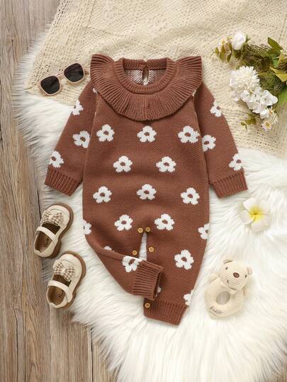 Coffee Color Infant Romper With Ruffle Collar + Floral Jacquard Long Sleeve Sweater Jumpsuit, Sweet And Cute Crawler Baby Girl Knitted Outfits Baby Flower Outfit Daisy Outfit For Baby Brown Baby Girl Outfit Baby Sweater Romper Flower Outfit For Baby