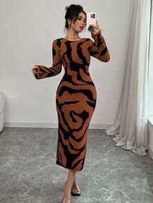 Elenzga Vestido de punto con mangas acampanadas y estampado de colores contrastantes para mujer - Marrón Chocolate - Ver 3