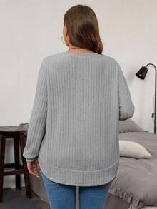 EMERY ROSE Damen Große Größen Einfarbiges Rundhals Langarm Geripptes Lässiges Loose Fit T-Shirt