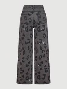 Selenza Jeans casuales con cinturón, estampado de leopardo y adornos de rhinestone para mujer - Gris Oscuro - Ver 4
