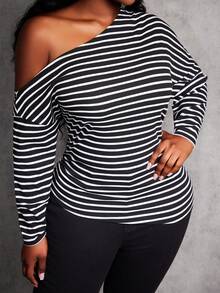 SHEIN SXY Plus Size Women's Black & White Striped Asymmetrical Shoulder Oblique Collar Fitted Waist Asymmetric Hem Long Sleeve T-Shirt, Autumn/Winter - Black and White - View 3