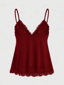 ROMWE Fairycore 优雅纯色蕾丝花边吊带背心，夏季 - 酒紅色 - 查看 2