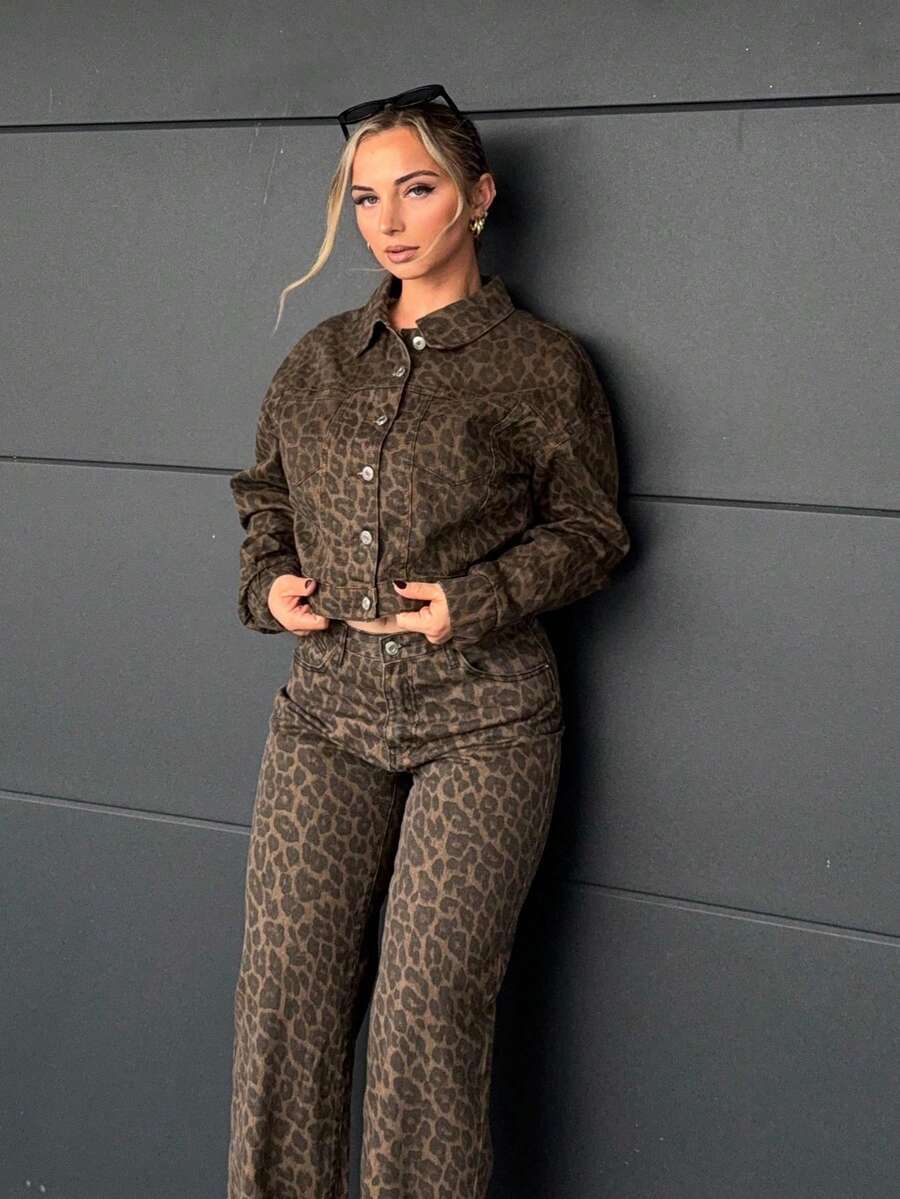 Jeta Ari Women's Front-Button Long Sleeve Casual Leopard Print Washed Denim Jacket - Multicolor - View 1