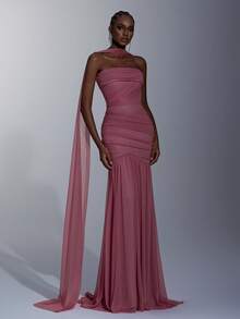 Elitara Elegant Light Purple Shiny Flowing Mesh Ruched Decor High Waist Slimming Mermaid Tail Backless Adjustable Tie Dress (Halter Flounce, Versatile) Formal Evening Gown - Dusty Purple - View 8