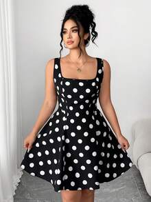 Elenzga 大码女式优雅方领黑白波尔卡圆点无袖喇叭迷你连衣裙，适合返校、毕业、节日、情人节、圣诞节、音乐节、母亲节、万圣节、感恩节、复活节、国庆节、舞会、约会、派对、婚礼、户外活动 - 黑與白 - 查看 5