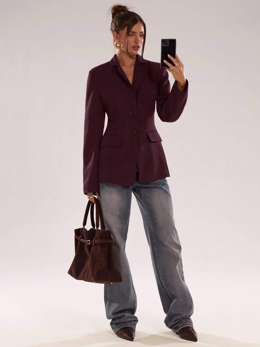 SHEIN BAE Women's Solid Color Front Button Fitted Long Sleeve Blazer - Red Violet - View 1