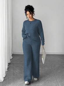 Elenzga Women's Simple Stylish Long Sleeve Button Long Pants Plus Size Knit Sweater Set, Autumn/Winter Outfits - Dusty Blue - View 1