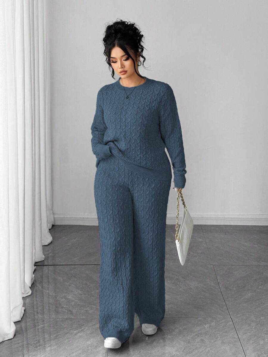Elenzga Women's Simple Stylish Long Sleeve Button Long Pants Plus Size Knit Sweater Set, Autumn/Winter Outfits - Dusty Blue - View 1