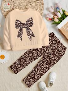 SHEIN 2pcs/Set Girls Casual Vintage Leopard Print Bow Decor Round Neck Long Sleeve Sweatshirt And Leggings Outfit, Suitable For Autumn/Winter, Streetwear, Punk, Vintage, Back To School, Goth, Fall, Winter