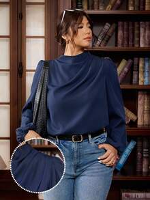 Vionelle 大码女式褶皱优雅长袖宽松衬衫，适合工作、秋冬季 - 藏蓝色 - 查看 5