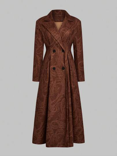 Sweetra Plus Size Dubbelknäppt Mönstrad Tryckt Tjock Långärmad Kappa