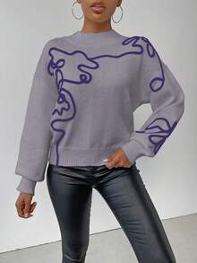 SHEIN LUNE 女式撞色图案高领长袖毛衣 - 灰色 - 查看 6