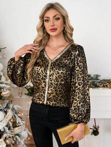 Gownix 女士金箔豹纹 V 领长袖修身衬衫，优雅时尚，适合派对穿着