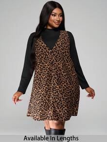 SHEIN PETITE CURVE 大码休闲纯色长袖上衣和豹纹无袖连衣裙两件套，秋季 - 彩色 - 查看 8