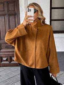 Chiquease Chaqueta elegante de mujer de manga larga y cuello francés, adecuada para primavera, otoño e invierno, blusa de mujer de moda apropiada para ropa de estilo campestre, chaqueta casual - Marrón - Ver 4