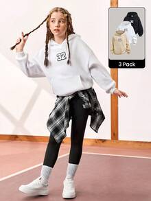 JNSQ 3pcs Tween Unisex Thermal Lined Hooded Sweatshirts, Oversized Graphic Letter Embroidered Pullover Tops, Suitable For Daily Wear, Outdoor Activities, Vacation, Streetwear, Party And Casual Occasions - Multicolor - View 4