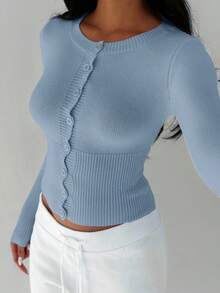 FavEase 秋季休闲纯色修身开衫 - 藍色 - 查看 8