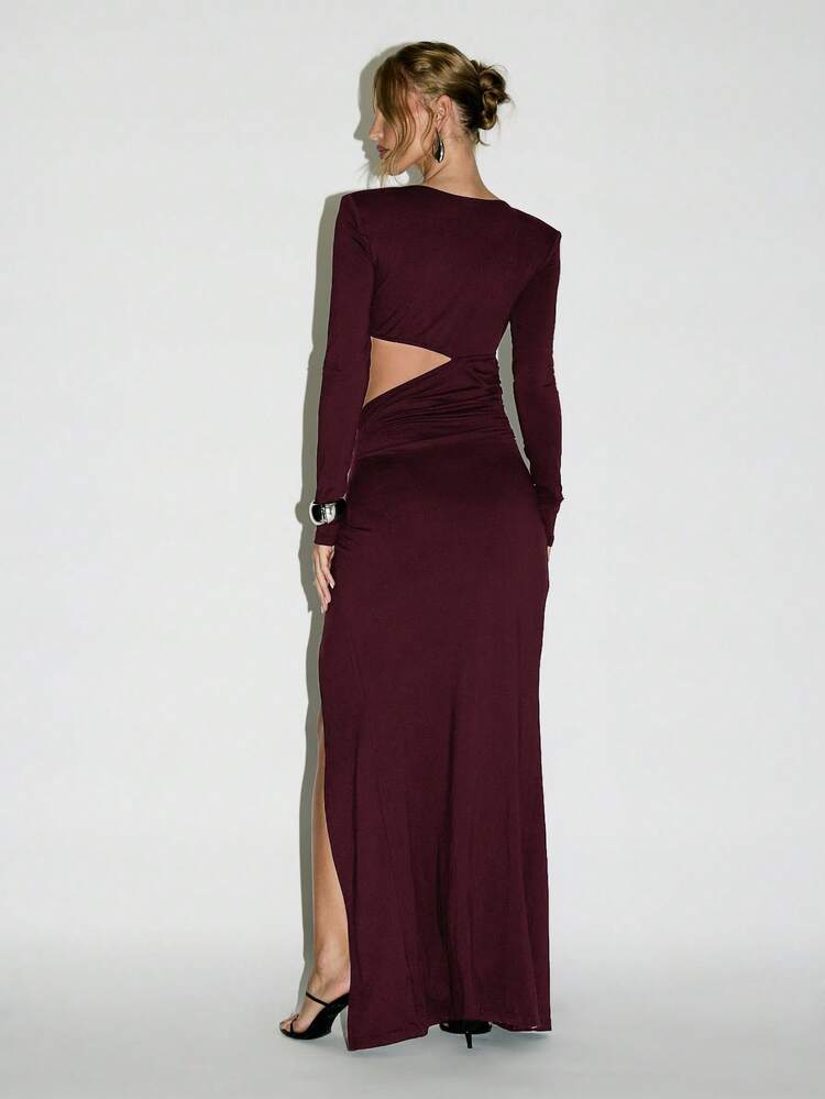 KIZN Long Sleeve Cutout Maxi Dress With Shoulder Pads