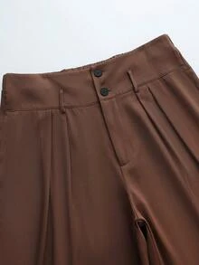 Franclia Pantaloni largi pentru femei, culoare solidă, mărime plus, toamnă/iarnă - Maro - Vizualizare 6