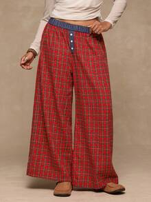 SHEIN VCAY Pantalon ample en flanelle rouge à carreaux de Noël pour femmes grandes tailles, doux et confortable. Idéal pour l'automne/hiver - Rouge - Voir 1