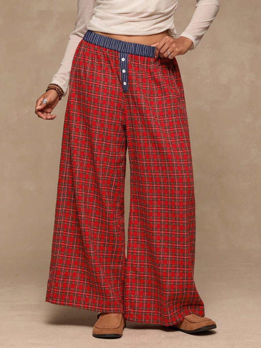 SHEIN VCAY Pantalon ample en flanelle rouge à carreaux de Noël pour femmes grandes tailles, doux et confortable. Idéal pour l'automne/hiver - Rouge - Voir 1