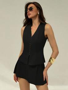 Aloruh طقم ملابس علوية شرائط بدون أكمام وتنورة بلون موحد أنيق، مجموعة ملابس يومية عادية قطعتين للنساء