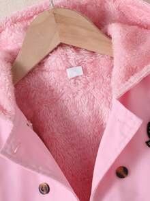 SHEIN Explorewe 女童卡其色保暖内衬连帽双排扣时尚夹克，适合2025年返校季、年轻女孩校园装和运动装 - 粉色 - 查看 5