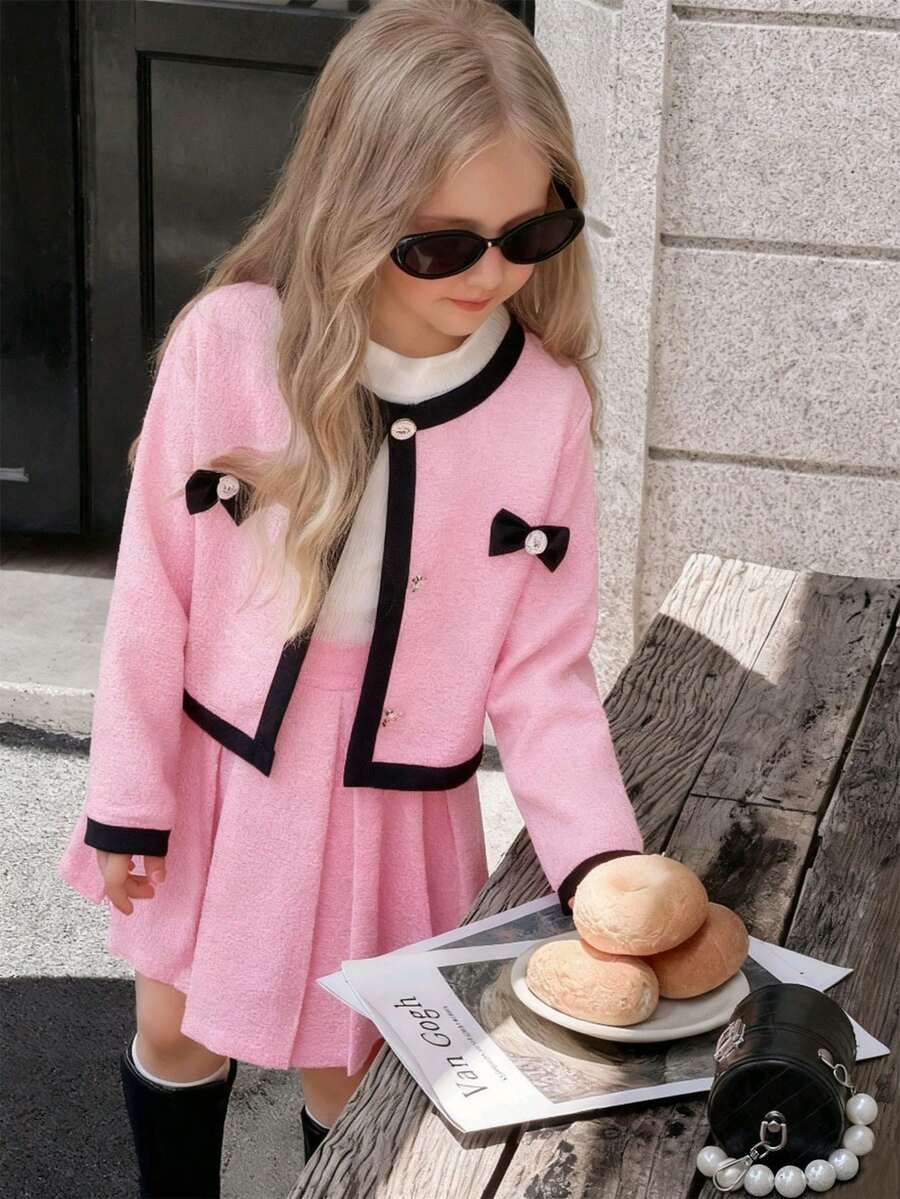 SHEIN Elladie kids 年轻女孩可爱蝴蝶结装饰撞色长袖夹克搭配舒适可爱的秋冬裙子套装 - 粉色 - 查看 1