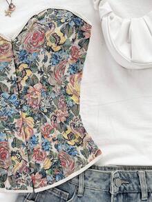 Soleia Áo crop top in hoa jacquard nhiều màu phong cách cung điện cổ điển dành cho nữ, có nút và dây buộc phía sau - Nhiều màu - Xem 3